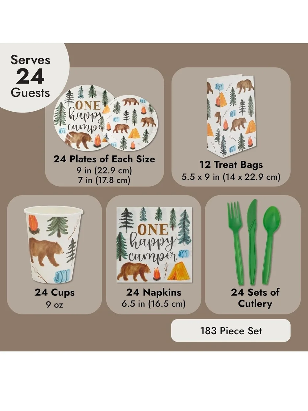 One Happy Camper Paper Party Plates, Cups & Napkins - Green Cutlery & More